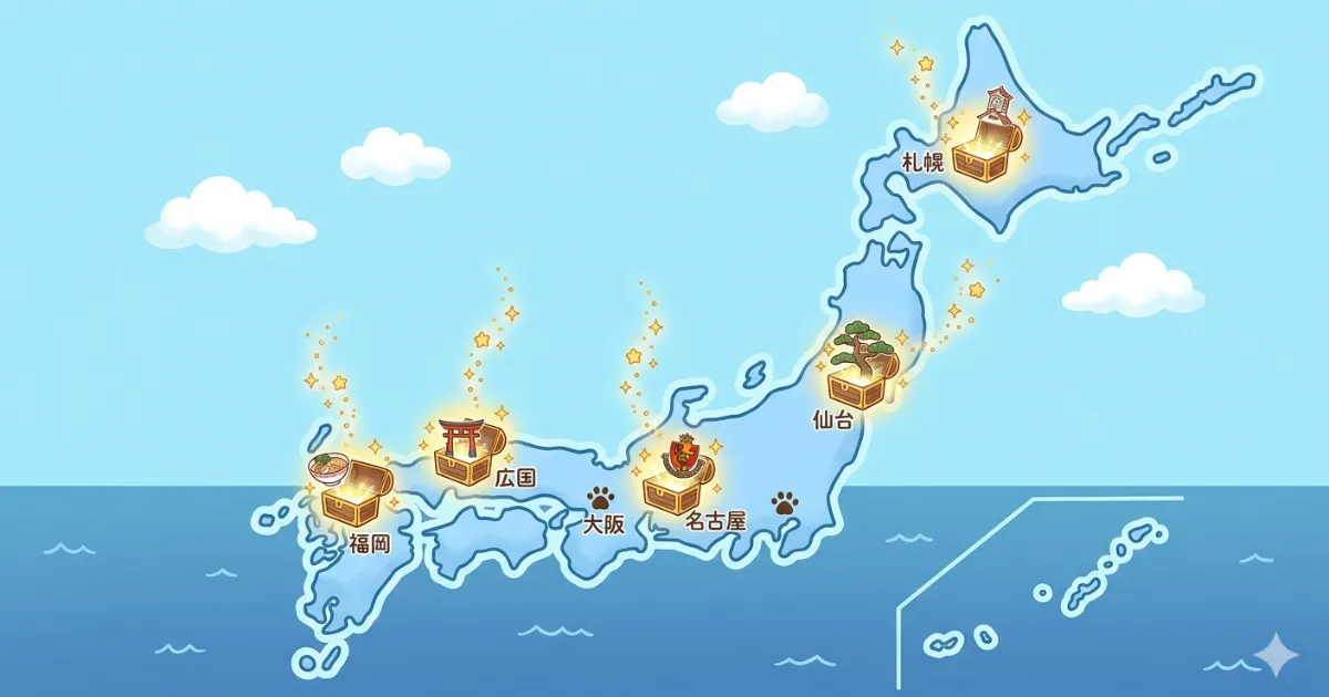 Snow Man・SixTONES 2026年ライブの狙い目である、札幌・仙台・福岡など地方都市の会場を示すキラキラした日本地図のイラスト