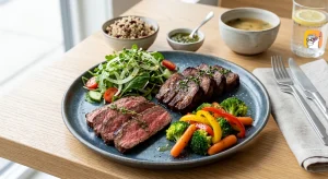 る、高タンパクで健康的な赤身肉と牛タンのグリル料理のイメージ