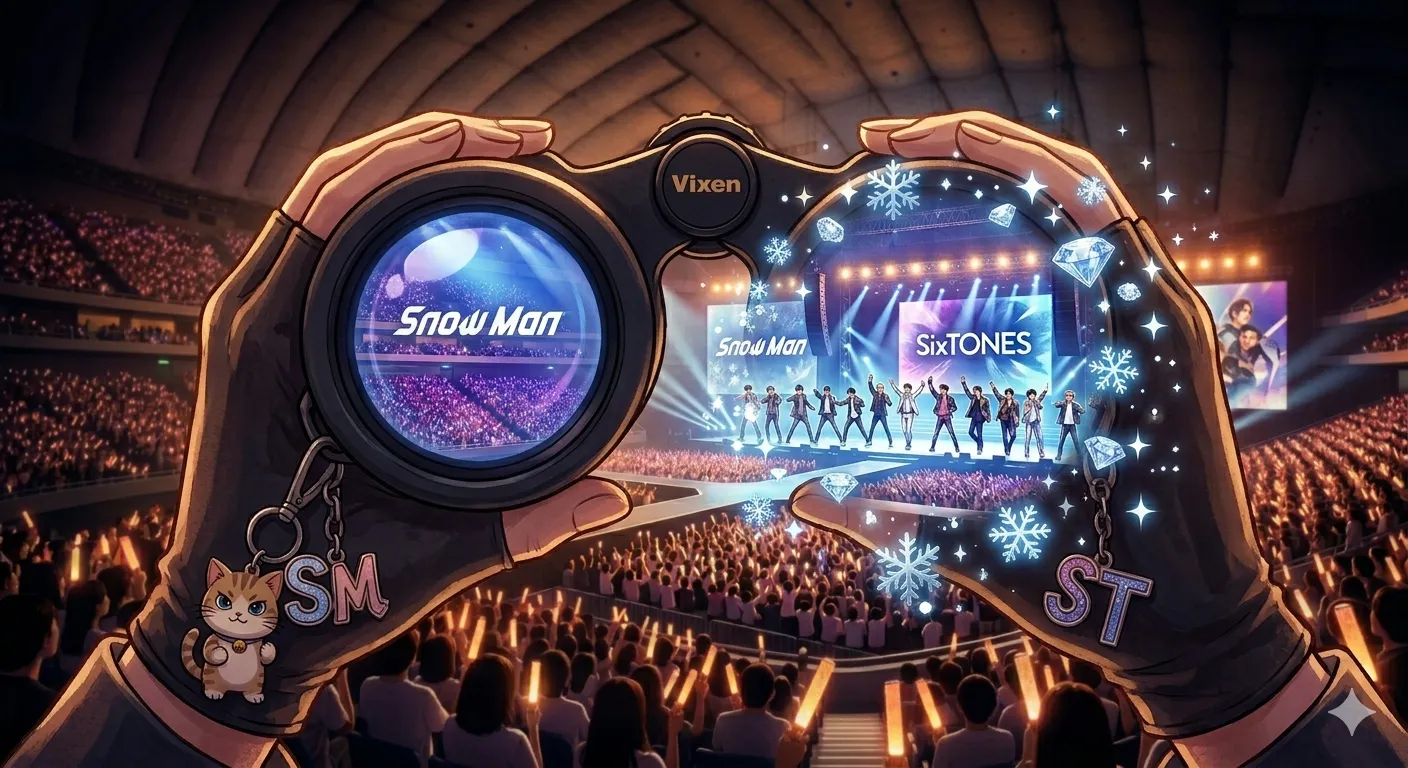 Snow Man・SixTONES 2026年ライブのドーム天井席から、双眼鏡のレンズ越しにキラキラ輝く自担を覗いているファンの手元のイラスト