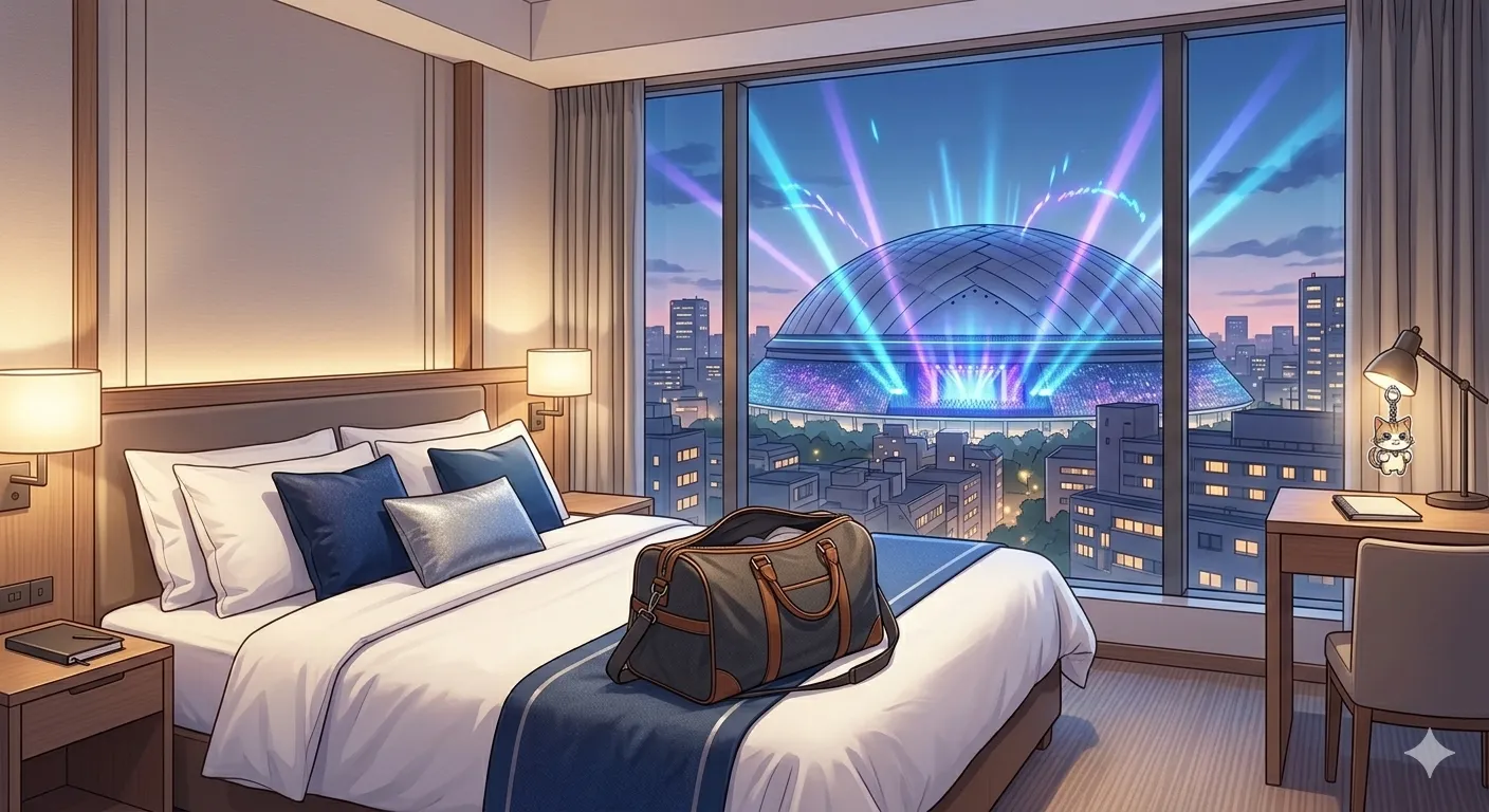 Snow Man・SixTONES 2026年ライブドーム会場が見える、遠征用のホテル客室で準備をする猫ちゃんのイラスト