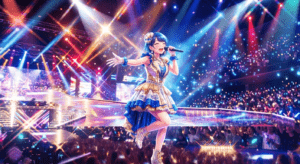 華やかなステージで輝く女性アイドルやスポットライトのきらびやかなイメージ画像