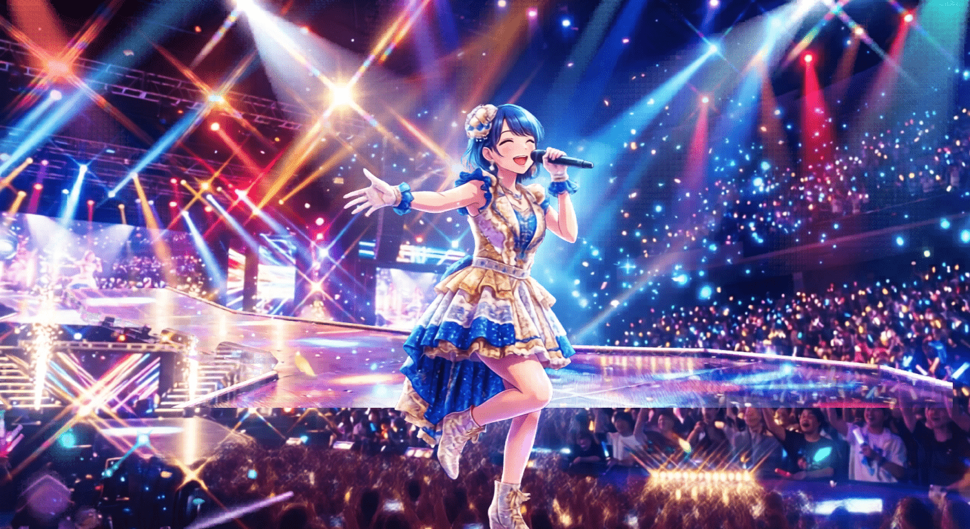 華やかなステージで輝く女性アイドルやスポットライトのきらびやかなイメージ画像
